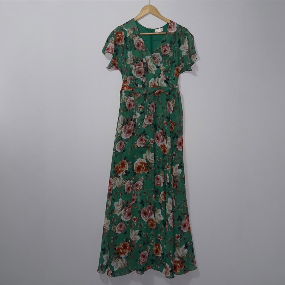 Signature Green Floral V neck maxi Dress women’s Size small